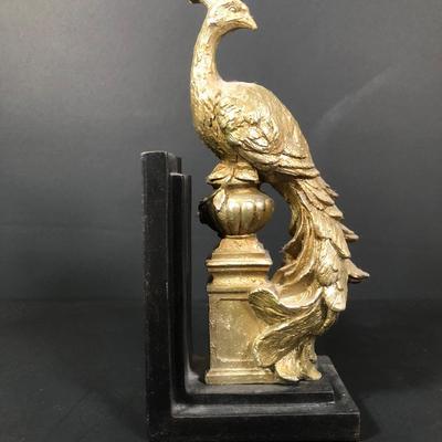 LOT 47L: Syroco Gilded Peacock Sculpture, Peacock Clock, Peacock Bookend & Ceramic Maddox Pheasant Planter