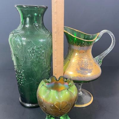 LOT 55: Green Glass Pitcher, Vase & More
