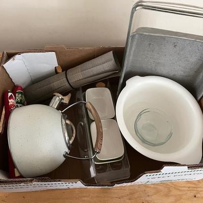 Box of Misc Kitchen Items w/ Kettle