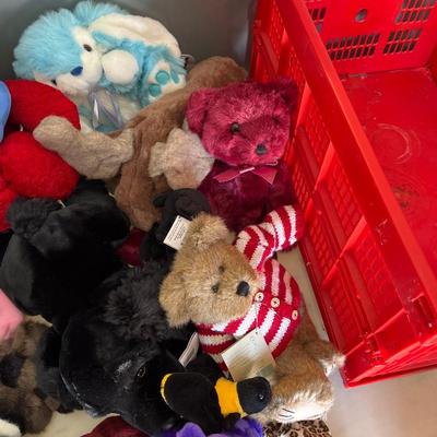 118 - Stuffed animals with nice red crate