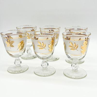 LIBBEY ~ Golden Foliage ~ Six (6) MCM Golden Leaf Frosted Water Goblets