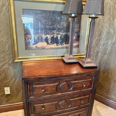 Bedside table, pair of lamps, Framed Art Print