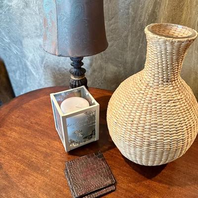 Large bedside table w/ 3 drawers , Vase, small Lamp, candle and coasters