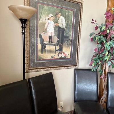 4 Leather High Back Chairs, Lamp, Art and faux tree