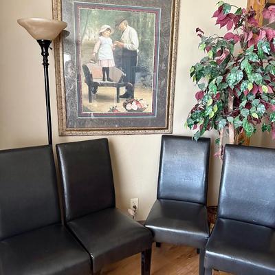 4 Leather High Back Chairs, Lamp, Art and faux tree