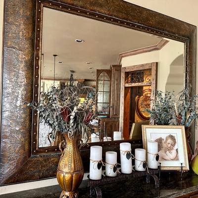 Large scale mirror (measurements in photos) 2 Vases with greenery, Candle holder/candles, Art print (table not included)