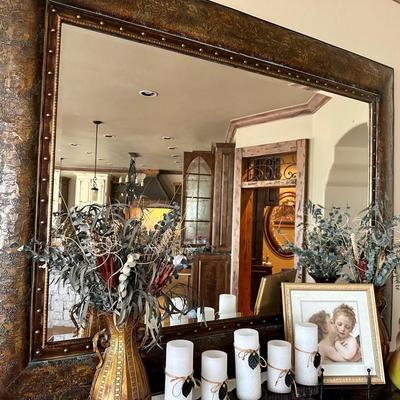 Large scale mirror (measurements in photos) 2 Vases with greenery, Candle holder/candles, Art print (table not included)