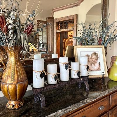 Large scale mirror (measurements in photos) 2 Vases with greenery, Candle holder/candles, Art print (table not included)