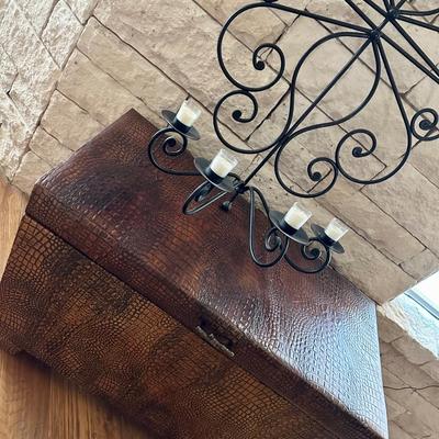 Leather trunk and 2 large iron candle holders (measurements in photos)