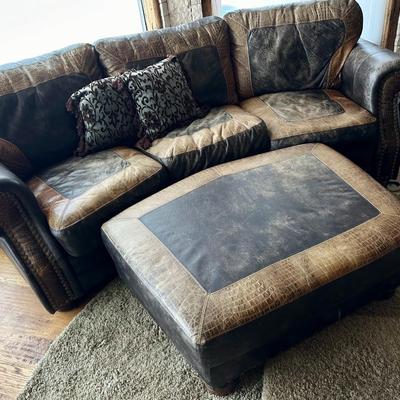 Leather Sofa and Ottoman and pillows and 2 rugs (measurements in photos)