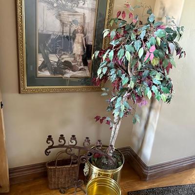 Framed Art print, faux tree in copper colored bucket, basket, decor