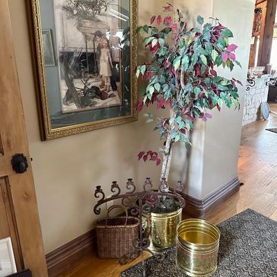 Framed Art print, faux tree in copper colored bucket, basket, decor