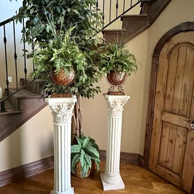 2 3ft. White pedestals, bronze colored decor, faux greenery and faux tree