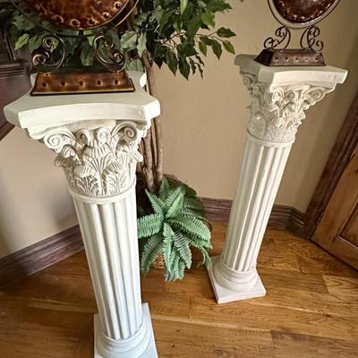 2 3ft. White pedestals, bronze colored decor, faux greenery and faux tree