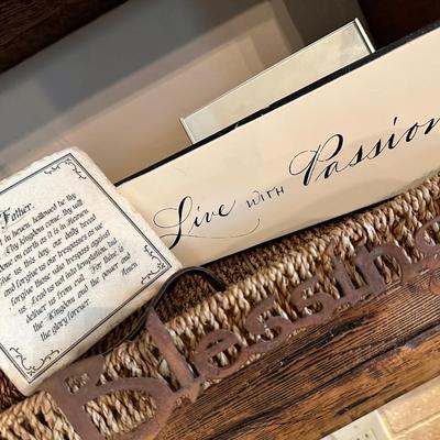 Clock, Napkin holder, cross and decor Signs, Wicker Tray w Blessings on side