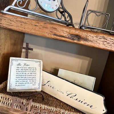 Clock, Napkin holder, cross and decor Signs, Wicker Tray w Blessings on side