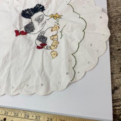 The lot of the Misfit Chickens with Pretty Embroidered table runner and Doilie