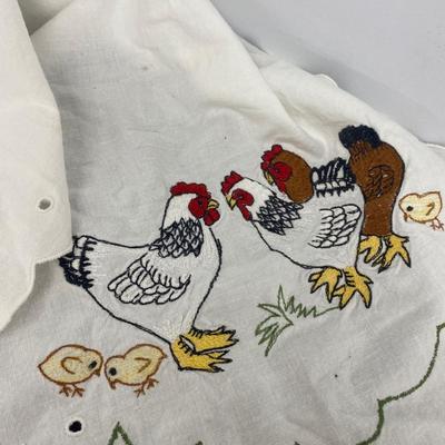 The lot of the Misfit Chickens with Pretty Embroidered table runner and Doilie