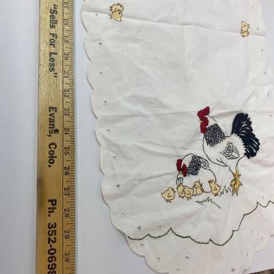 The lot of the Misfit Chickens with Pretty Embroidered table runner and Doilie