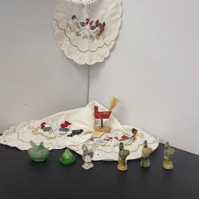The lot of the Misfit Chickens with Pretty Embroidered table runner and Doilie