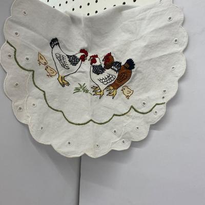 The lot of the Misfit Chickens with Pretty Embroidered table runner and Doilie