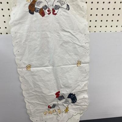 The lot of the Misfit Chickens with Pretty Embroidered table runner and Doilie