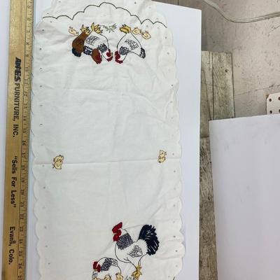 The lot of the Misfit Chickens with Pretty Embroidered table runner and Doilie