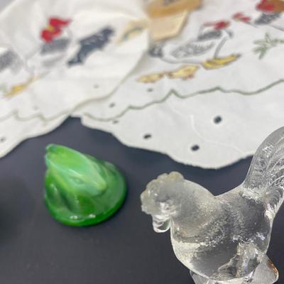 The lot of the Misfit Chickens with Pretty Embroidered table runner and Doilie