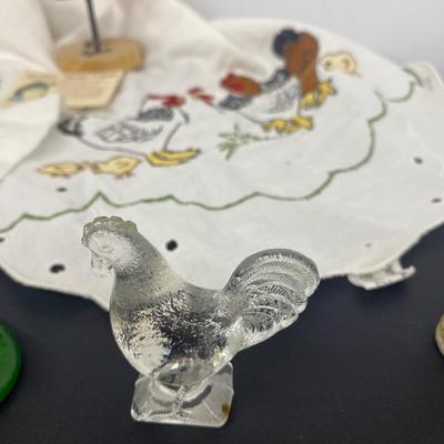 The lot of the Misfit Chickens with Pretty Embroidered table runner and Doilie