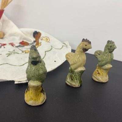 The lot of the Misfit Chickens with Pretty Embroidered table runner and Doilie