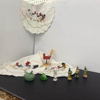 The lot of the Misfit Chickens with Pretty Embroidered table runner and Doilie