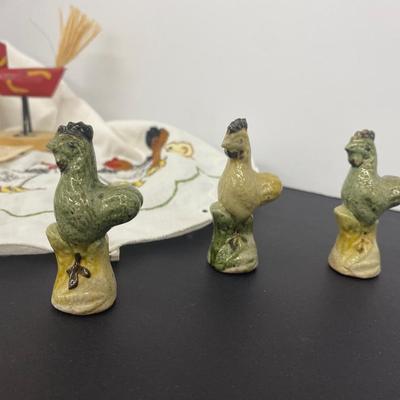 The lot of the Misfit Chickens with Pretty Embroidered table runner and Doilie