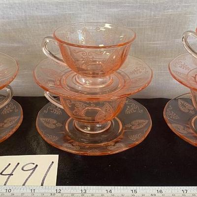 Vintage Fostoria Pink Trojan Depression Glass Cups and Saucers