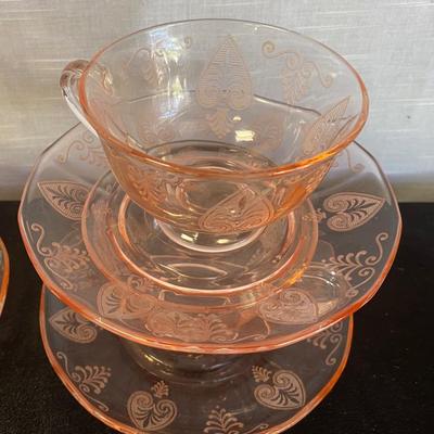 Vintage Fostoria Pink Trojan Depression Glass Cups and Saucers