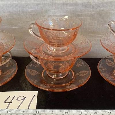 Vintage Fostoria Pink Trojan Depression Glass Cups and Saucers