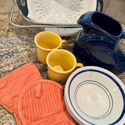 Fiestaware Pitcher and Fiesta Mugs, bowls and mitts