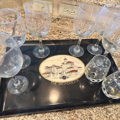 Antique tray from the Broadmoor in Colorado Springs and wine glasses