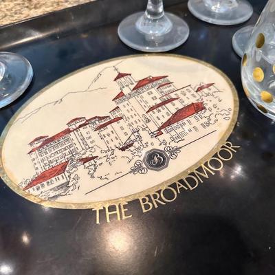 Antique tray from the Broadmoor in Colorado Springs and wine glasses