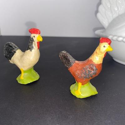 Vintage White Milk Glass Nesting Hen Covered Dish and Antique Chicken Figurines