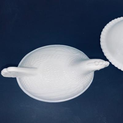 Vintage White Milk Glass Nesting Hen Covered Dish and Antique Chicken Figurines