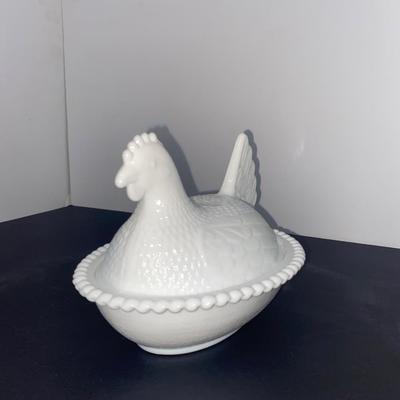 Vintage White Milk Glass Nesting Hen Covered Dish and Antique Chicken Figurines