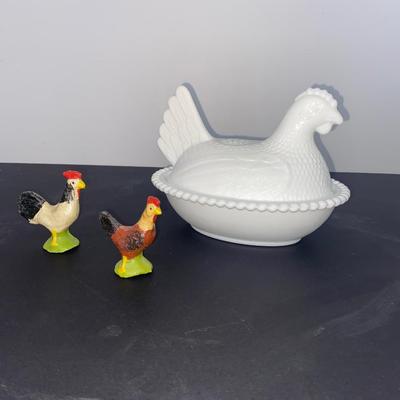 Vintage White Milk Glass Nesting Hen Covered Dish and Antique Chicken Figurines