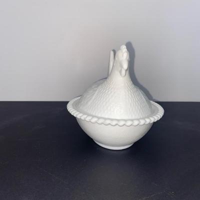 Vintage White Milk Glass Nesting Hen Covered Dish and Antique Chicken Figurines