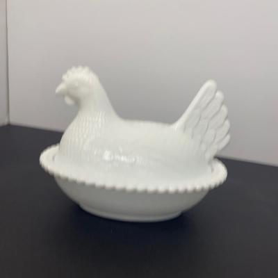 Vintage White Milk Glass Nesting Hen Covered Dish and Antique Chicken Figurines