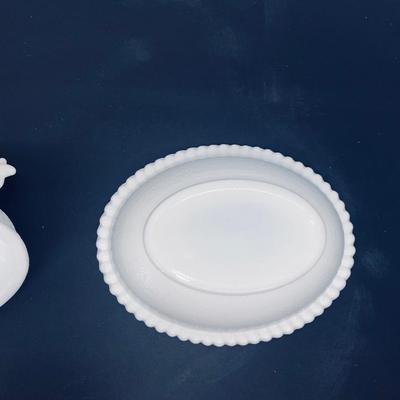 Vintage White Milk Glass Nesting Hen Covered Dish and Antique Chicken Figurines