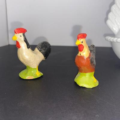 Vintage White Milk Glass Nesting Hen Covered Dish and Antique Chicken Figurines
