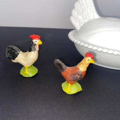 Vintage White Milk Glass Nesting Hen Covered Dish and Antique Chicken Figurines