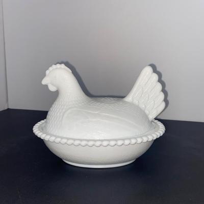 Vintage White Milk Glass Nesting Hen Covered Dish and Antique Chicken Figurines