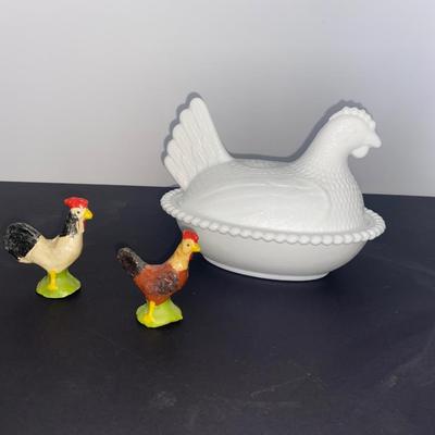 Vintage White Milk Glass Nesting Hen Covered Dish and Antique Chicken Figurines