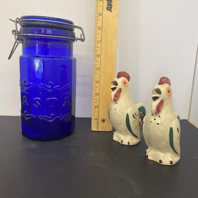Vintage Rooster Salt and Pepper Shakers and Cobalt Blue Pasta Jar